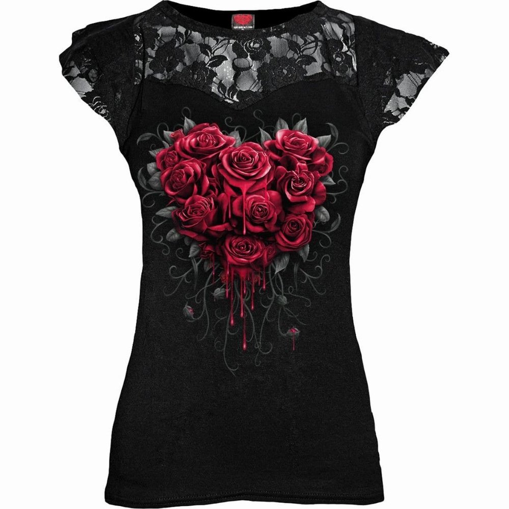 Spiral direct bleeding heart lace layered cap sleeve womens top Black new
